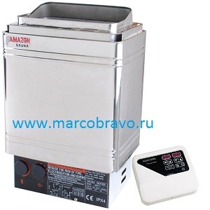 Электрическая печь Amazon AM90MI Steel (9-13 м3. 9 кВт) (с встроенным и выносным пультом управления)